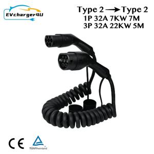 EVcharger4U 유형 2 EV 충전 나선형 케이블 1상 32A 7KW 7M, 3상 22KW 5M 모드 3 전기 자동차용 코일 충전기 코드 CE TUV