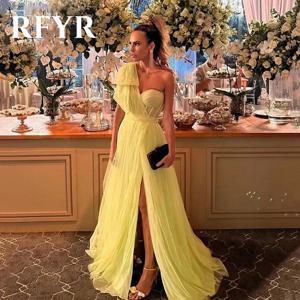 RFYR 노란색 원 숄더 댄스 파티 드레스 아가 긴 주름 본드 이브닝 드레스 높은 분할 우아한 공식 파티 가운 사용자 정의