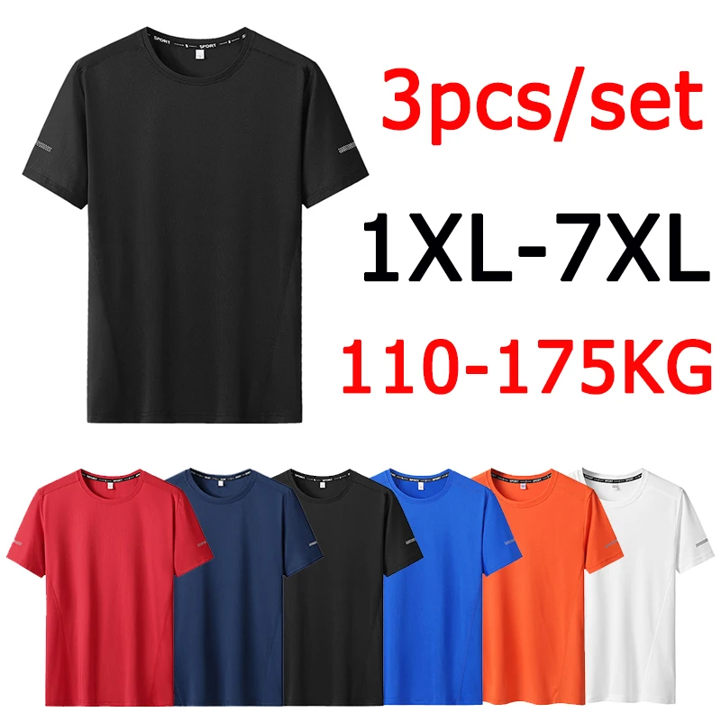 남성용 3pcs 여름 스포츠 티셔츠 플러스 사이즈 6XL/7XL 빠른 건조 티셔츠 오버 사이즈 라운드 넥 반팔 피트니스 러닝 티셔츠