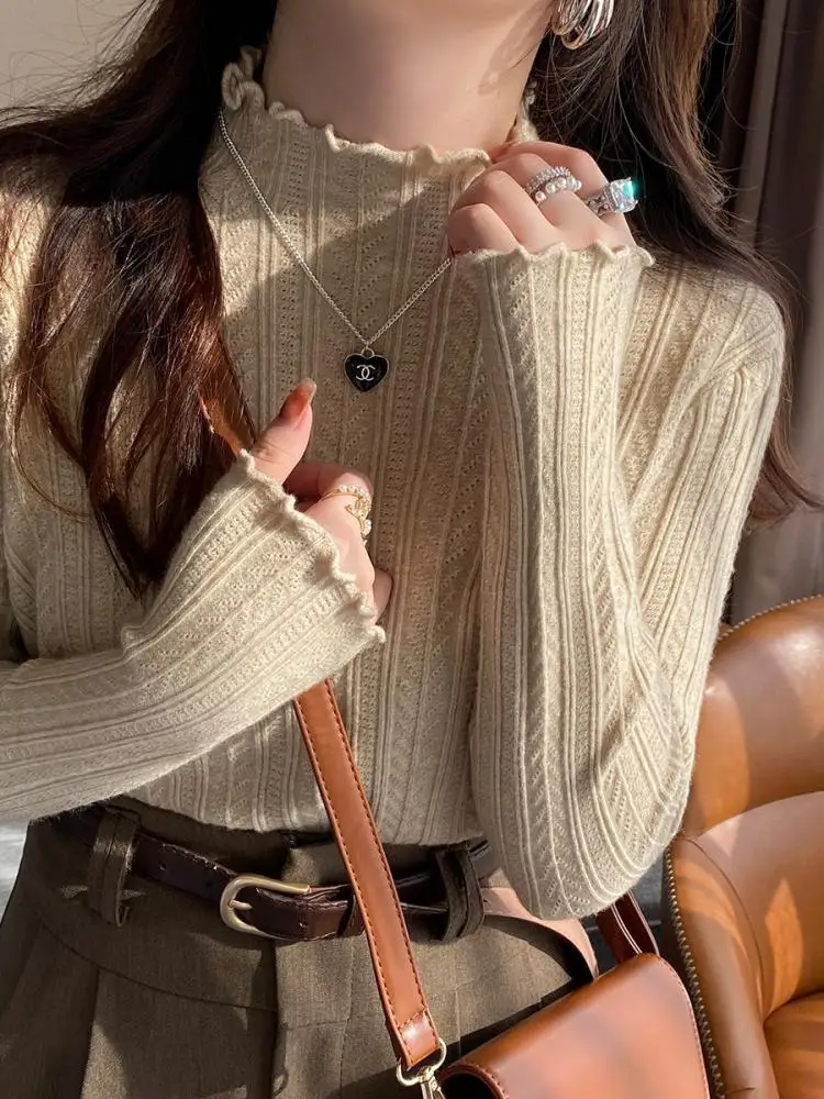 AOSSVIAO 2025 Ruched Turtleneck 여성 스웨터 가을 겨울 따뜻한 풀오버 슬림 탑 니트 스웨터 점퍼 소프트 풀 여성