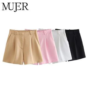 MUJER 2025 여성용 배기 반바지 하이웨이스트 버뮤다 반바지 여성용 화이트 플리츠 캐주얼 여성 반바지 여름 비치 여성 반바지