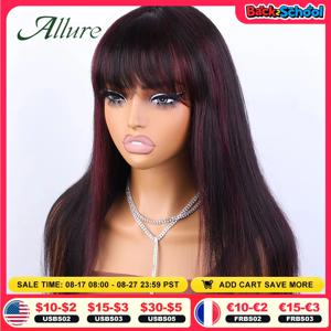여성을위한 브라질 스트레이트 인간의 머리 가발 Ombre Glueless 가발 (Bangs 포함) 180% 밀도 부르고뉴 컬러 헤어 롱 가발 Allure
