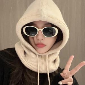 니트 후드 모자 겨울 바라클라바 모자 여성 한국식 야외 따뜻한 드로스트링 모자 원피스 넥칼라 비니 모자