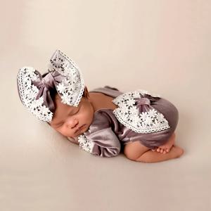 Ylsteed 신생아 사진 복장 아기 벨벳 뒤로 Bowknot 레이스 Romper 활 머리띠 유아 사진 촬영 소품