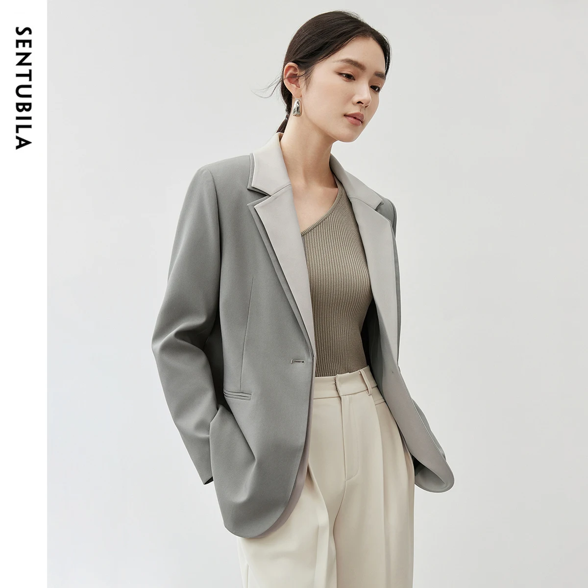 SENTUBILA 여성용 포멀 패치워크 블레이저, 더블 레이어 싱글 단추 비즈니스 아우터, 2024 가을 겨울 자수, 143X56220