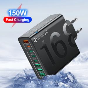 총 150W 8포트 고속 충전 QC3.0 여행용 충전기 (아이폰 14, 삼성, 샤오미 호환) EU/US/KR 플러그 휴대폰 벽면 어댑터
