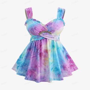 ROSEGAL 플러스 사이즈 Ombre Tie Dye Flocking Bamboo Leaf Ruffles Crisscross 버클 탱크 탑 2025 여성 파티 패션 조끼