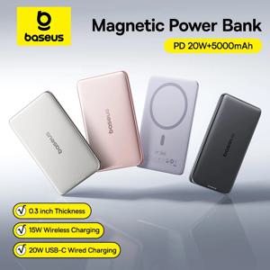Baseus 5000mAh 자기 보조베터리 15W 무선 ​​20W 유선 충전 iPhone Samsung 용 얇은 카드 크기의 슬림 휴대용 보조베터리