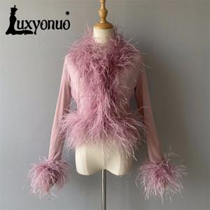 Luxyonuo 럭셔리 빈티지 연예인 섹시한 메쉬 깃털 코트 클럽 생일 파티 날짜 밤 클래식 블라우스 여성 탑 셔츠 여름
