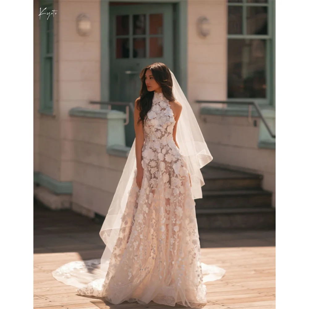 교토 맞춤형 화이트 레이스 아플리케 Strapless 웨딩 드레스 A 라인 홀터넥 넥 vestidos de novia Backless Sweep Train Formal