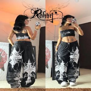 새로운 힙합 펑크 하라주쿠 Y2K streetwear 바지 여성 고스 크로스 프린트 헐렁한 청바지 아메리칸 레트로 하이 웨이스트 와이드 레그 바지