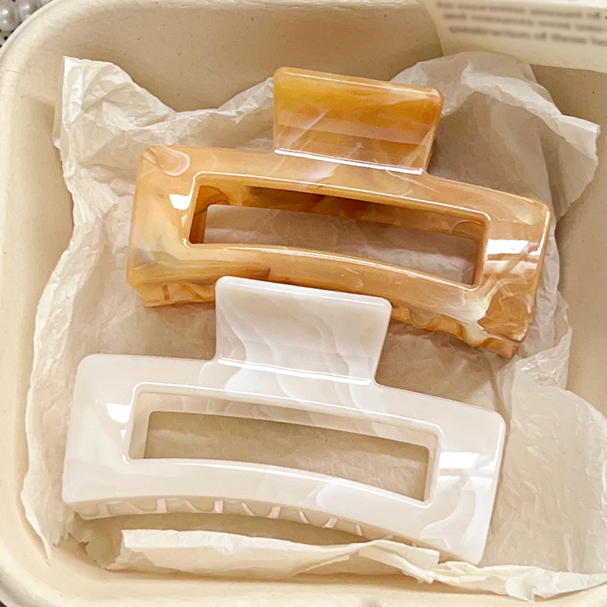 두꺼운 머리용 대형 대리석 헤어 클립 2개, 흰색 바나나 헤어 클립, 여성용 강력 고정 리플 조 클립