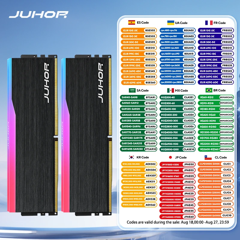 JUHOR Memoria Ram DDR5 RGB 16GB 6000MHz 6400MHz 데스크탑 PC4 컴퓨터 고성능 Dimm 메모리