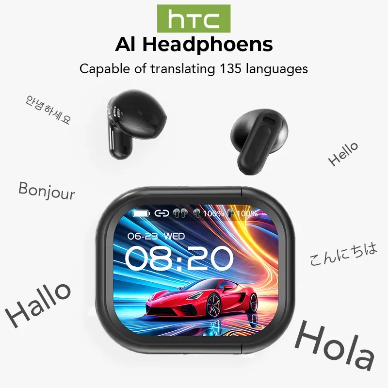 【HTC NE20】블루투스 V6.0 이어폰 AI 번역기 이어버드 OWS LCD 터치 스크린 스포츠 무선 헤드폰 HD 스테레오 사운드 Longlife