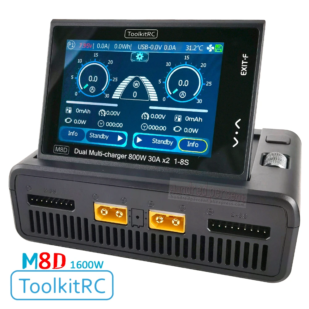 ToolkitRC M8D 스마트 충전기 2CH 터치 스크린 듀얼 채널 DC800W*2 30A 1-8S 리튬 배터리 고속 충전 RC 모델 자동차 FPV 드론 1S 2S 3S 4S 5S 6S 7S 8S BAT 장난감 자동차 보트 비행기 급속 충전