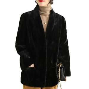 겨울 여성 리얼 밍크 모피 자켓 전체 펠트 블랙 밍크 모피 자켓 긴 소매 v 넥 오버 코트 Fashin Luxury
