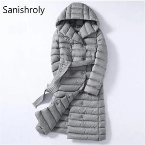 Sanishroly 여성용 화이트 덕 다운 퍼퍼 재킷, 긴 울트라 라이트 다운 코트 파카, 벨트 포함 후드 아우터, 2022 겨울