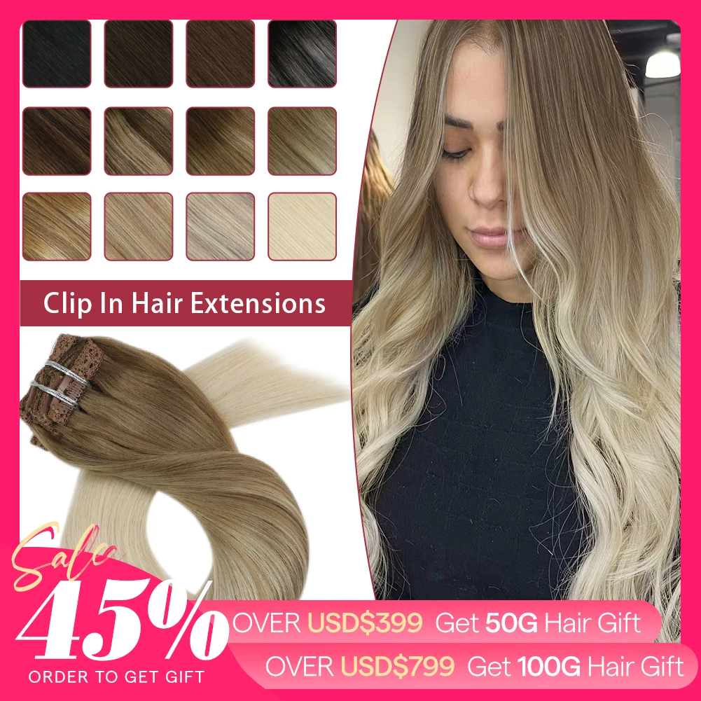 Moresoo 클립 헤어 익스텐션 100% 리얼 레미 인간 헤어 브라질 실키 스트레이트 헤어 익스텐션 Balayage Blonde Hair Extension