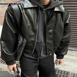 Mauroicardi 봄 가을 멋진 대형 짧은 검은 색 부드러운 Pu 가죽 자켓 남성 지퍼 럭셔리 디자이너 미국 빈티지 의류