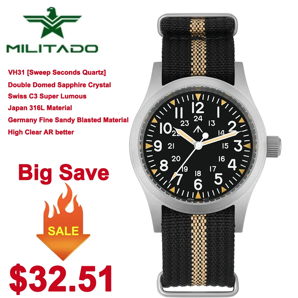 Militado ML05 38mm 군사 필드 시계 VH31 스윕 쿼츠 무브먼트 돔형 사파이어 크리스탈 방수 100M 슈퍼 루미 너스 시계