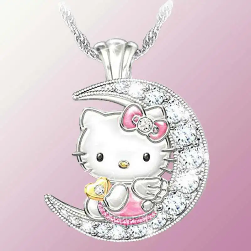 새로운 Sanrio 헬로 키티 애니메이션 합금 귀여운 카와이 크리 에이 티브 문 스타일 새끼 고양이 목걸이 만화 간단한 어린이 펜던트 휴일 선물