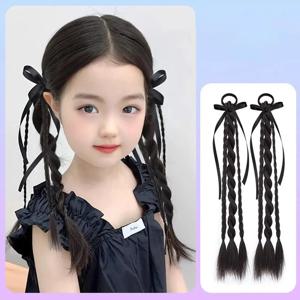 합성 2PC 어린이 시뮬레이션 복싱 브레이드 더블 포니 테일 가발 소녀 리본 bowknot 트위스트 머리띠 가발 확장 50cm