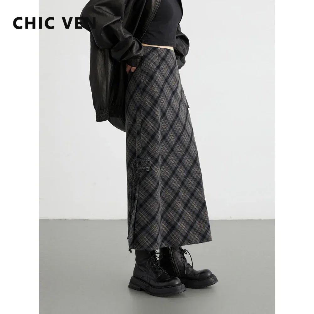 CHIC VEN 여성 롱 스커트 캐주얼 뉴 스위트 쿨 스타일 하이 웨이스트 슬릿 체크 무늬 하프 스커트 스트레이트 튜브 스커트 봄 가을 2024