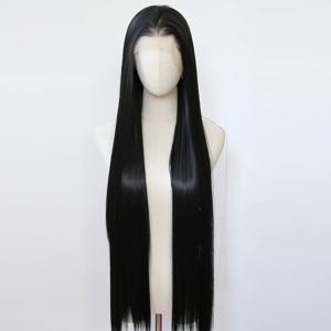 내추럴 블랙 합성 앞면 레이스 가발 40인치 롱 스트레이트 제트 블랙 앞면 레이스 합성 가발 사전 뽑아낸 내추럴 헤어라인