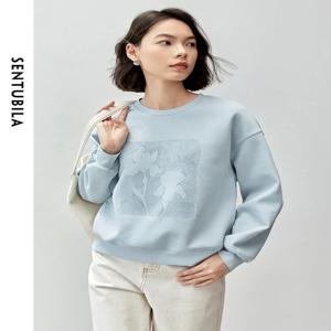 SENTUBILA 코튼 블렌드 스웨트 여성 2025 가을 겨울 캐주얼 루즈 피트 자수 단순 풀오버 긴 소매 탑 143A56381