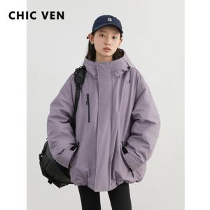 CHIC VEN 여성용 다운 재킷, 루즈한 야외 스탠드 업 칼라 후드, 90 화이트 덕 다운 레이디 스포츠 코트, 겨울 2024 여성 의류