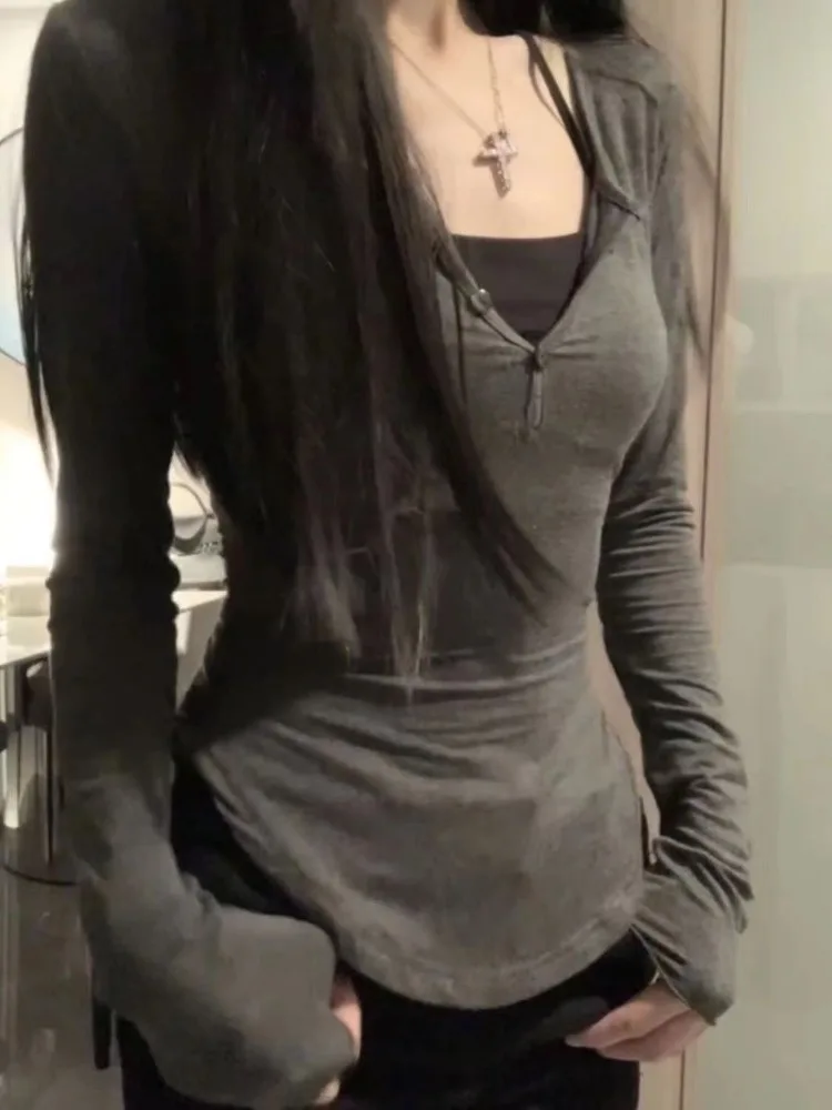 여성 브이넥 슬림핏 긴팔 티셔츠, 섹시한 올매치 티셔츠, 그런지 상의, 2025 가을 신상, Mujer Y2k