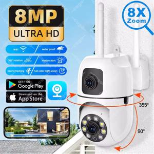 8MP WIFI 감시 카메라 듀얼 렌즈 듀얼 스크린 IP 카메라 무선 자동 추적 컬러 야간 투시경 8배 디지털 줌 CCTV 카메라