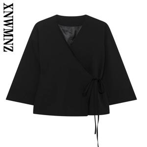 XNWMNZ 2025 봄 새 여성 패션 겉옷 탑 일본 여성 긴 소매 V 칼라 자켓 루즈 피트 레이스 블레이저 정장 코트
