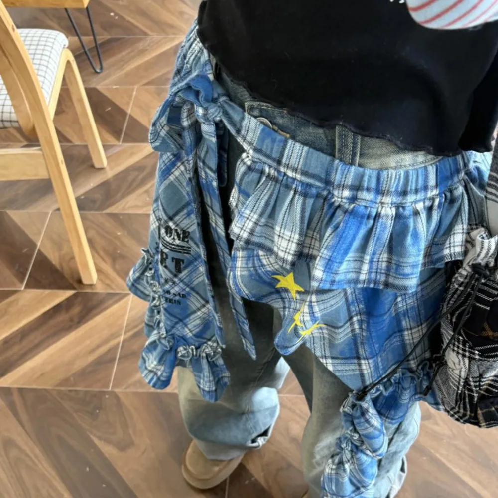 스타 레이어 의상 격자 무늬 스커트 힙합 셔츠 익스텐더 레이스 업 힙 스카프 Y2K 한국 스타일 러플 엣지 허리띠