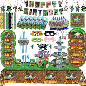 Minecrafte 생일 파티 장식 게임 식기 접시 컵 배경 케이크 토퍼 어린이를위한 베이비 샤워 파티 용품