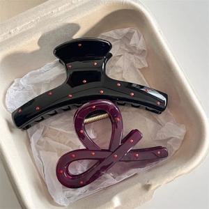 2pcs 빈티지 레드 폴카 도트 리본 활 상어 클립 머리핀 머리 발톱 크랩 바레트 우아한 머리 장식 헤어 액세서리 여성 선물