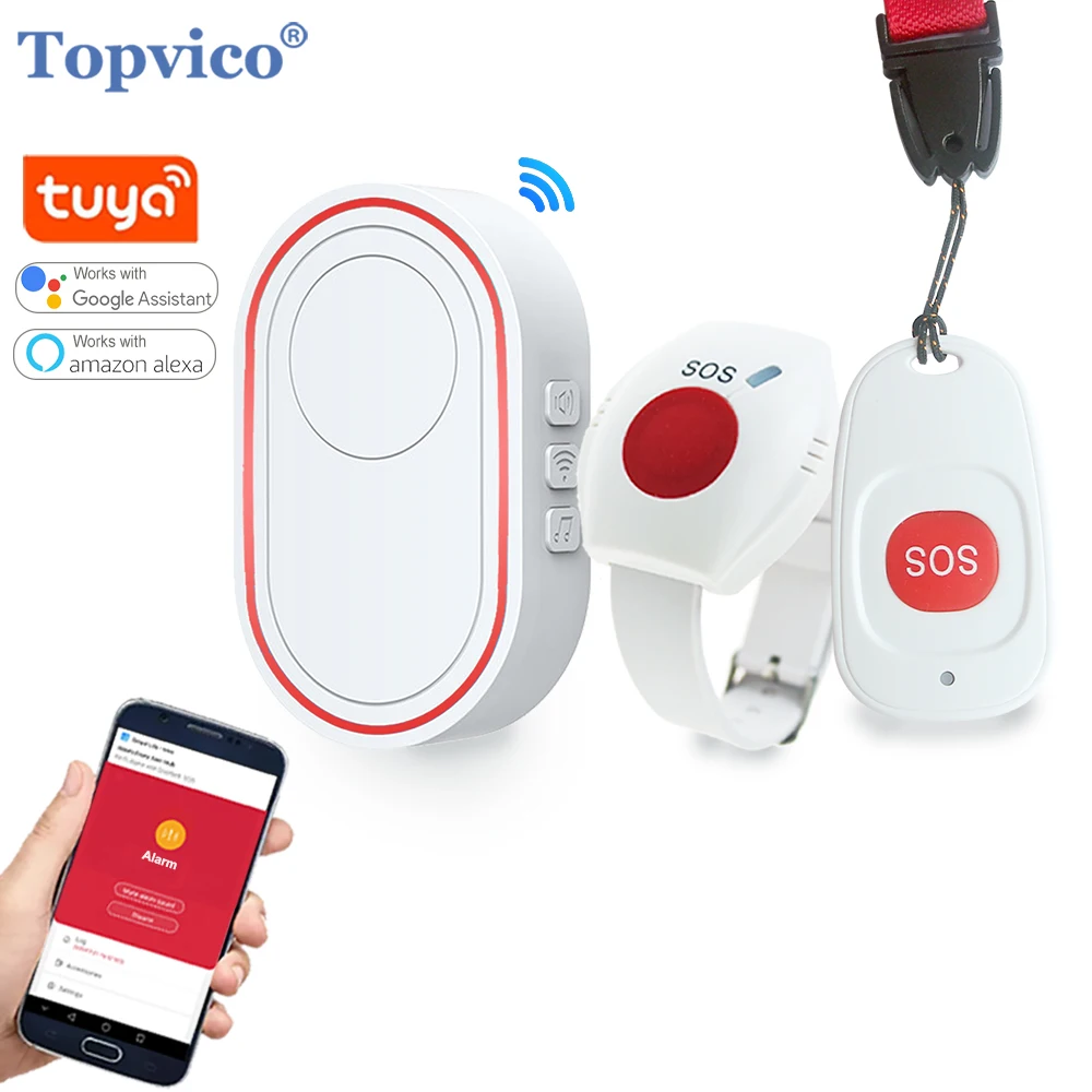 Topvico 투야 응급 패닉 버튼, 와이파이 노인 알람 SOS 팔찌, 무선 간병인 호출기, 통화 시니어, 가을 경고
