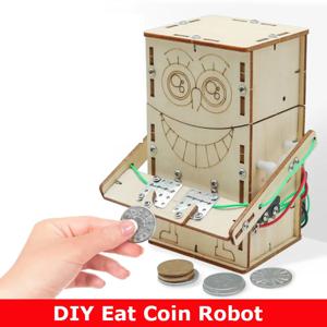 나무 전기 구동 먹는 동전 로봇 DIY 모델 및 빌딩 장난감 과학 및 교육 모델 장난감 어린이 선물 장난감