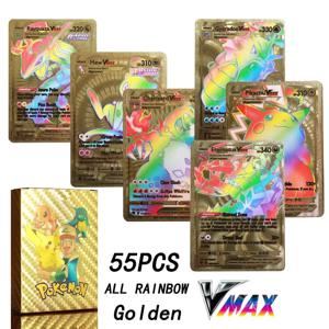 2024 새로운 27-55PCS 포켓몬 다채로운 금박 카드 Charizard Pikachu Arceus 실버 레인보우 영어 독일어 VSTAR GX V VMAX 카드