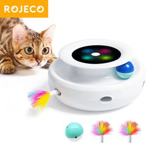 ROJECO 2 in 1 스마트 고양이 장난감 고양이 개를위한 자동 깃털 재미 공 장난감 세트 5 가지 모드 전자 대화 형 애완 동물 장난감 액세서리