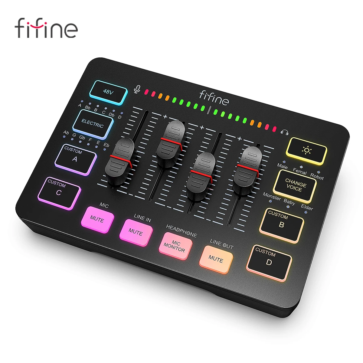 FIFINE 게임용 오디오 믹서, XLR 마이크 인터페이스가 있는 스트리밍 4채널 RGB 믹서, 게임 음성, 팟캐스트, AmpliGame SC3용