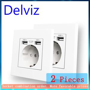 Delviz 듀얼 USB 충전 콘센트, AC 110~250V 전원 잭, 흰색 PC 재질 패널, 2A USB 인터페이스, 16A EU 표준 벽면 소켓