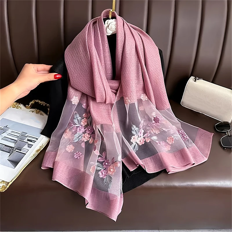 럭셔리 여성 Hijab 반짝 이는 레이스 스카프 실크 부드러운 양모 Shawls 및 랩 대형 꽃 얇은 스카프 Foulard 여성 Bufanda 2024 신규