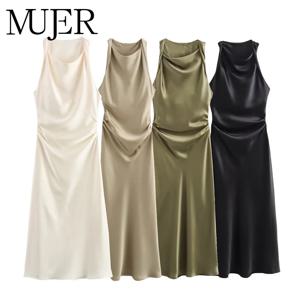 MUJER 새틴 셔링 롱 드레스 여성용 민소매 여름 드레스 여성 오프 숄더 파티 여성 드레스 비치 여성 드레스