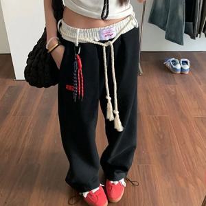 아메리칸 레트로 컬러 블록 스트레이트 레그 스포티 캐주얼 팬츠 여성 하이웨이스트 슬리밍 와이드 레그 스웨트팬츠 가을 겨울 신상