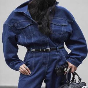 블루 디자인 데님 점프 슈트 여성 봄, 가을 칼라 유행 작업복 대형 포켓 루즈 팬츠