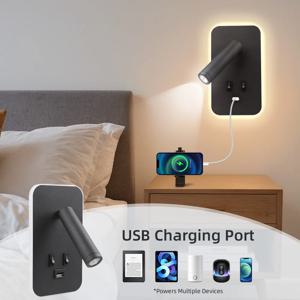 스위치 및 USB 포트가 있는 침대 옆 벽 램프, 벽 장착 독서 스포트 라이트, 침실 벽 스콘스, 회전식 LED 벽 조명 캐비닛
