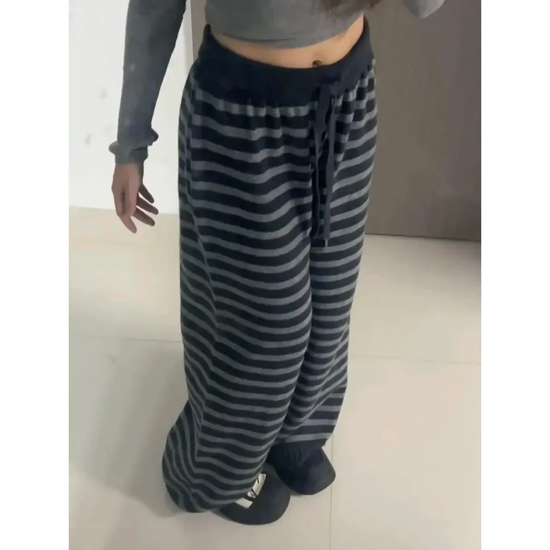하라주쿠 대비 색 스트라이프 와이드 레그 바지 빈티지 그런지 루즈 니트 캐주얼 바지 Y2k 미적 여성 스트레이트 바지