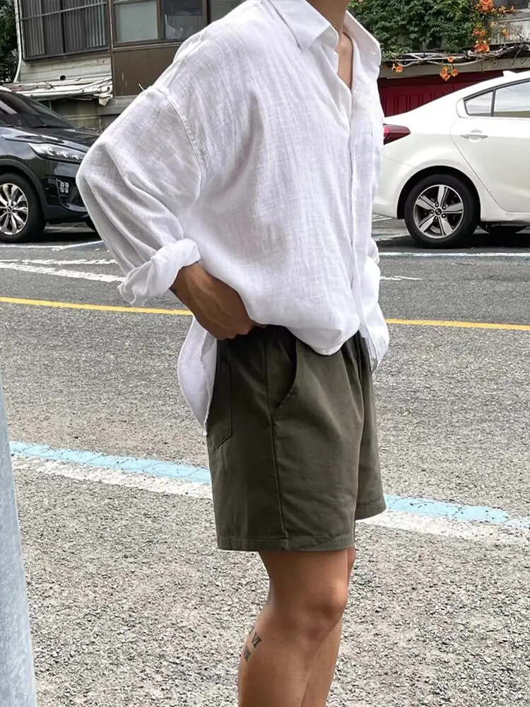 아메리칸 스타일 퓨어 컬러 코튼 린넨 남성 셔츠 루즈한 긴 소매 자외선 차단 얇은 통기성 린넨 작업복 셔츠 트렌디