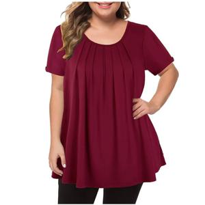 5XL 플러스 사이즈 T 셔츠 여름 여성 반팔 오목 캐주얼 탑 루즈 한 여성 플리츠 블라우스 튜닉 솔리드 컬러 풀오버 탑